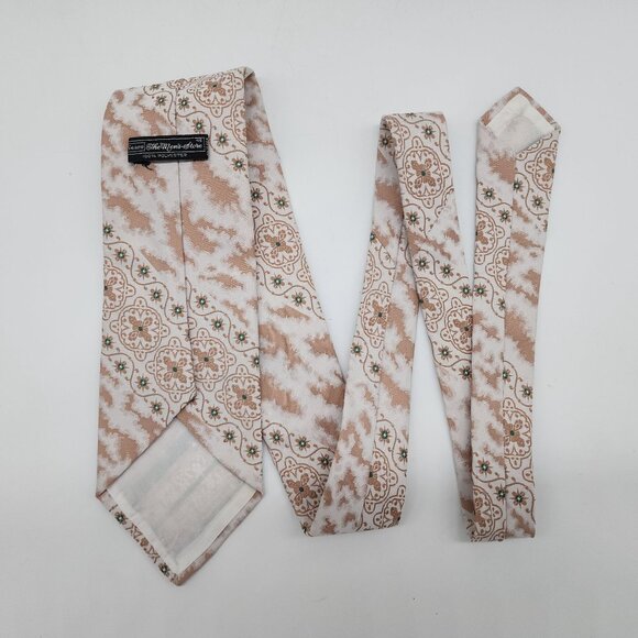 Vintage Sears Mens Tie Beige & White Patterned Polyester Retro 55.5" L 3.75" W - Picture 3 of 5